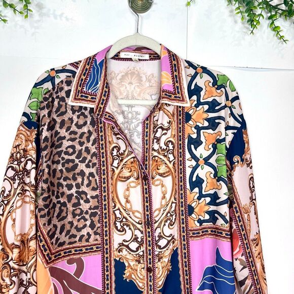 Her Bottari Shirt Dress Large Multicolor Patchwork Long Sleeve Button Front Mini - Picture 11 of 15